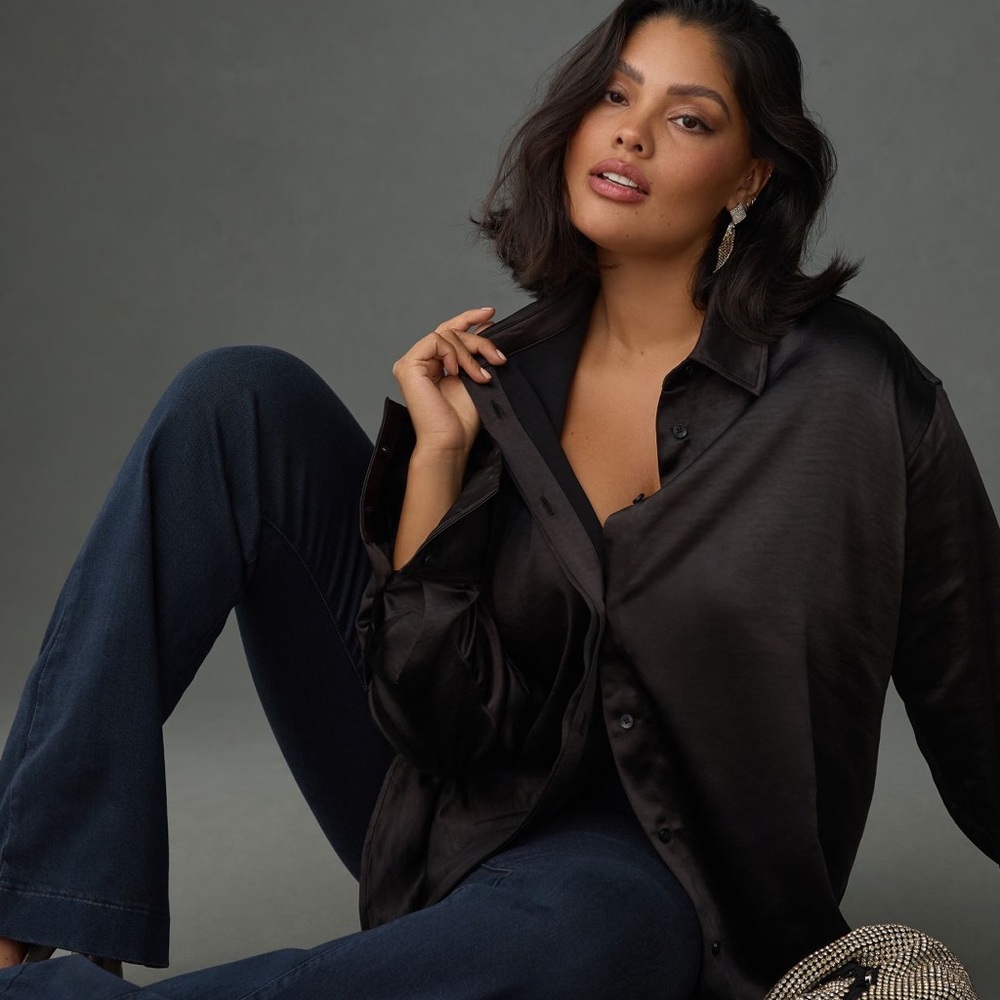 A Good American black satin button down shirt - Picture 1 of 8